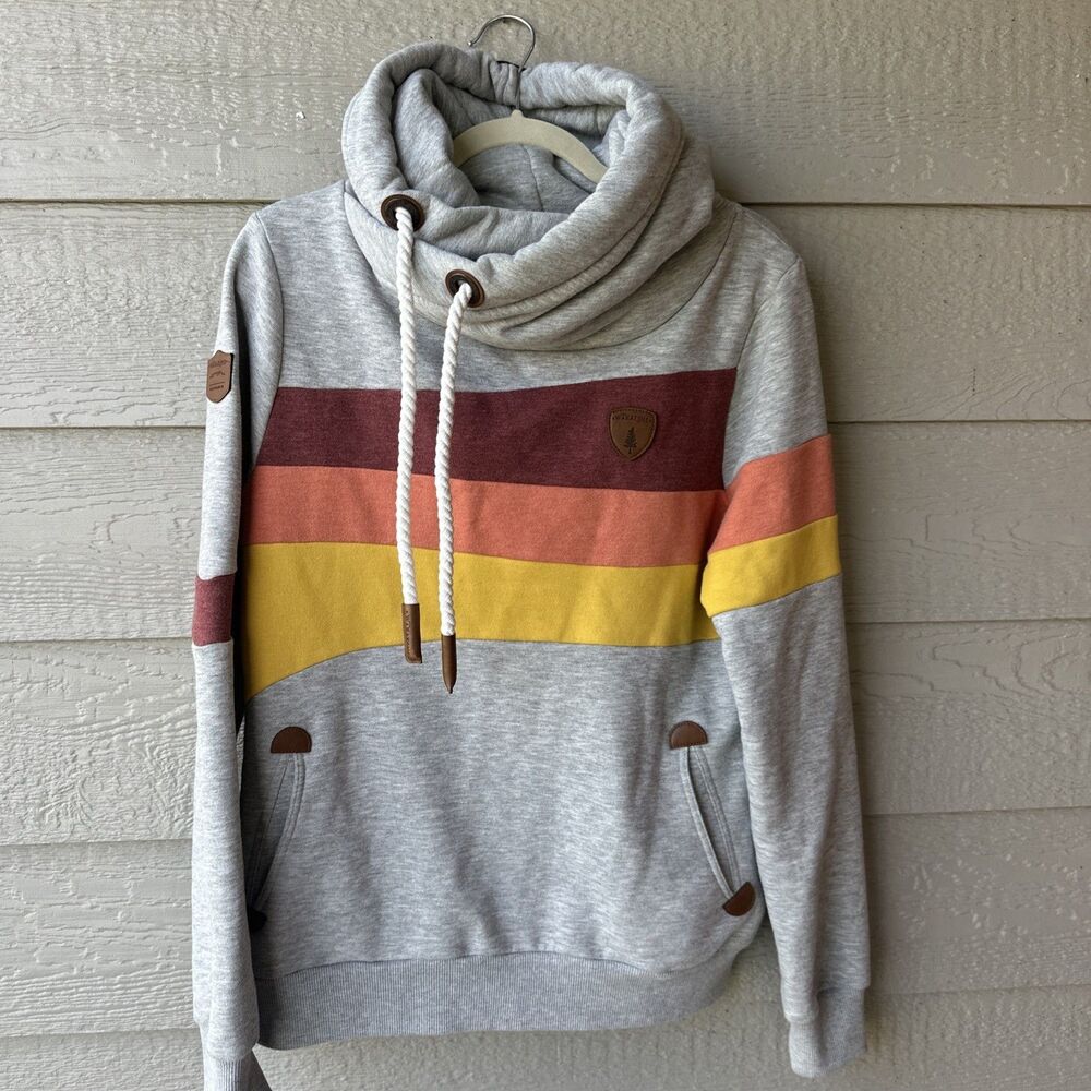 Wanakome Women's Med Gray Yellow Color Block Pullover Hoodie Rope Drawstring